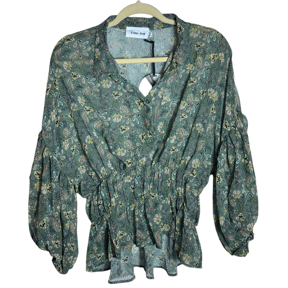 Line + Dot Green Semi-Sheer Floral Balloon Sleeve Blouse, NWT, Small